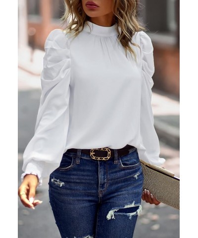 Womens Tops Casual Crewneck Long Lantern Sleeve Self Tie Blouses Solid Tunic Shirts 2024 White $15.50 Tops