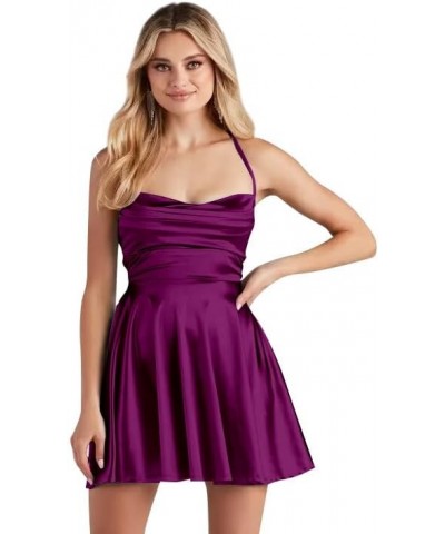 Cowl Neck A Line Short Homecoming Dresses for Teens Pleated Satin Prom Party Gowns with Pockets Plum $31.89 Dresses