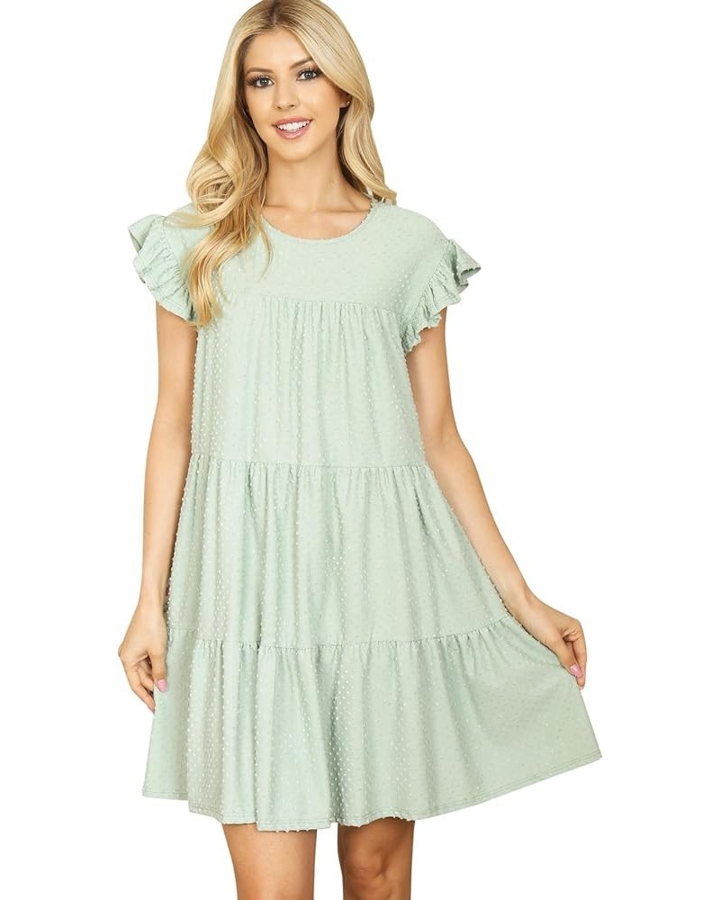 Jersey Shirred Tiered Ruffle Hem Midi Swing Dress - Pleated Flare Tunic Short, 3/4 Sleeve, Sleeveless Floral Ruffle Short Sle...