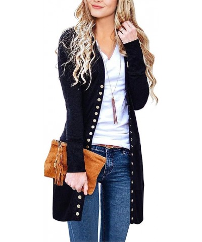 Women's 2024 Fall Long Sleeve Snap Button Down Solid Color Knit Ribbed Neckline Cardigans Black $15.96 Sweaters