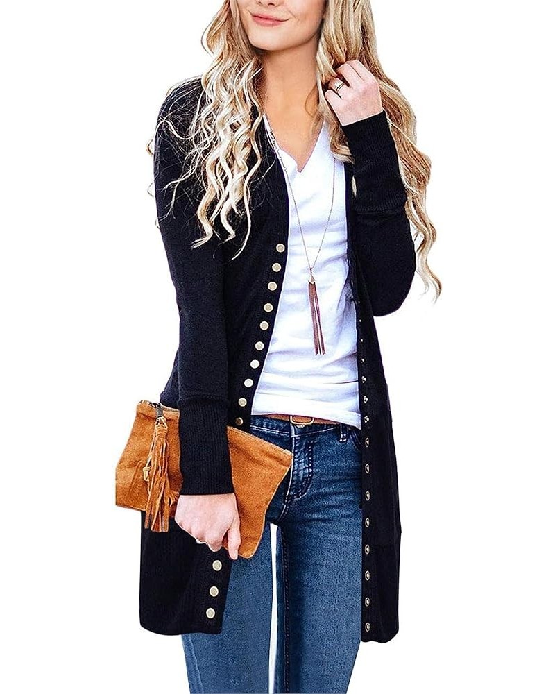 Women's 2024 Fall Long Sleeve Snap Button Down Solid Color Knit Ribbed Neckline Cardigans Black $15.96 Sweaters