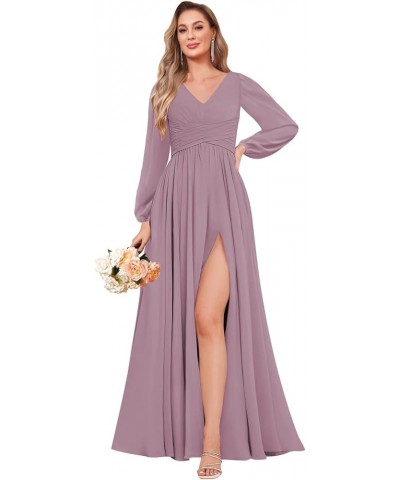 Long Sleeve Bridesmaid Dresses for Wedding A-Line Chiffon Formal Evening Gown with Slit Wisteria $24.20 Dresses