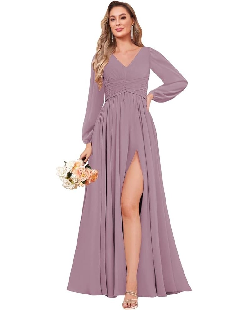 Long Sleeve Bridesmaid Dresses for Wedding A-Line Chiffon Formal Evening Gown with Slit Wisteria $24.20 Dresses