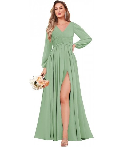 Long Sleeve Bridesmaid Dresses for Wedding A-Line Chiffon Formal Evening Gown with Slit Wisteria $24.20 Dresses