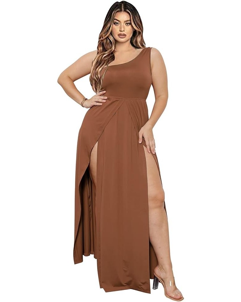 Women's Deep V Neck Plus Size Bodycon Ruched One Shoulder Maxi Dress Flowy Split Long Dresses Brown $13.75 Dresses