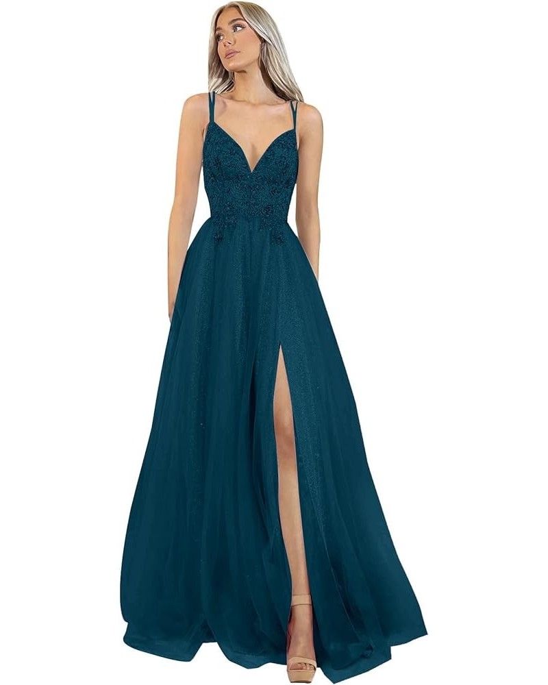 Glitter Tulle Prom Dresses for Women 2024 V Neck Lace A Line Formal Dresses Spaghetti Straps Slit Ball Gown Teal $45.00 Dresses