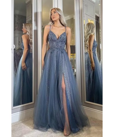 Glitter Tulle Prom Dresses for Women 2024 V Neck Lace A Line Formal Dresses Spaghetti Straps Slit Ball Gown Teal $45.00 Dresses