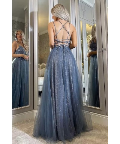 Glitter Tulle Prom Dresses for Women 2024 V Neck Lace A Line Formal Dresses Spaghetti Straps Slit Ball Gown Teal $45.00 Dresses