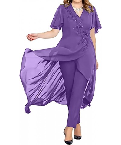 Chiffon 2 Pieces Mother of The Bride Pant Suits for Wedding Lace Mother of The Bride Dresses for Wedding Purple $27.36 Suits