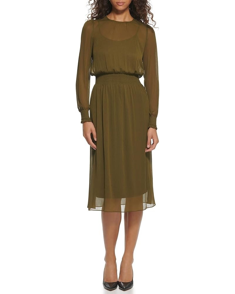 Women's Sintched Waist Midi Dress Dark Olive $18.87 Dresses