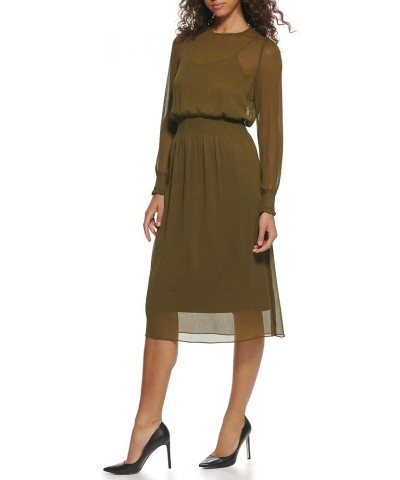 Women's Sintched Waist Midi Dress Dark Olive $18.87 Dresses