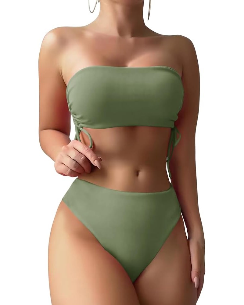 Women's Bandeau Bikini Sets Removable Strap Wrap Tie Side Two Piece Swimsuit Cheeky High Waisted Bathing Suits Armygreen $13....