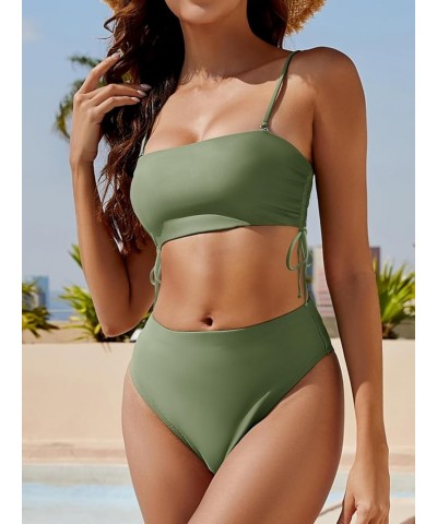 Women's Bandeau Bikini Sets Removable Strap Wrap Tie Side Two Piece Swimsuit Cheeky High Waisted Bathing Suits Armygreen $13....