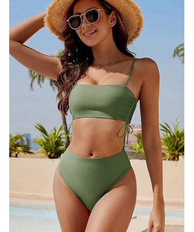 Women's Bandeau Bikini Sets Removable Strap Wrap Tie Side Two Piece Swimsuit Cheeky High Waisted Bathing Suits Armygreen $13....