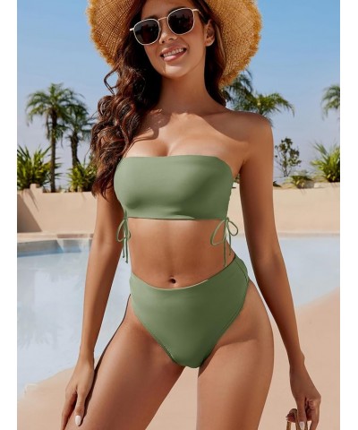 Women's Bandeau Bikini Sets Removable Strap Wrap Tie Side Two Piece Swimsuit Cheeky High Waisted Bathing Suits Armygreen $13....