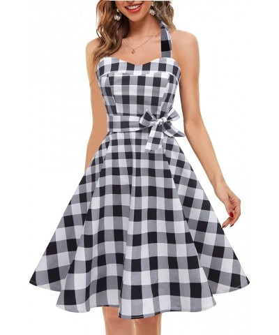 Women'sVintage Polka Audrey Dress 1950s Halter Retro Cocktail Dress Black White Plaid $21.27 Dresses