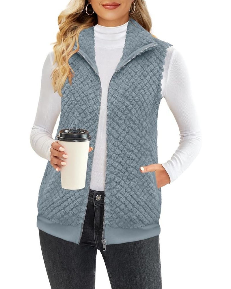 Womens Sleeveless Fleece Vest with Pockets Fuzzy Sherpa Vest Fluffy Zipper Jacket Warm Outerwear C-dusty Blue $20.29 Vests