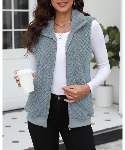 Womens Sleeveless Fleece Vest with Pockets Fuzzy Sherpa Vest Fluffy Zipper Jacket Warm Outerwear C-dusty Blue $20.29 Vests