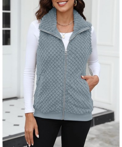 Womens Sleeveless Fleece Vest with Pockets Fuzzy Sherpa Vest Fluffy Zipper Jacket Warm Outerwear C-dusty Blue $20.29 Vests