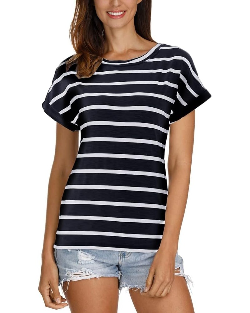 Women's Tops Striped/Solid Short Sleeve Blouse Scoop Neck/V Neck T-Shirt Casual Slim Fit A-navyblue White Stripe $12.42 T-Shirts