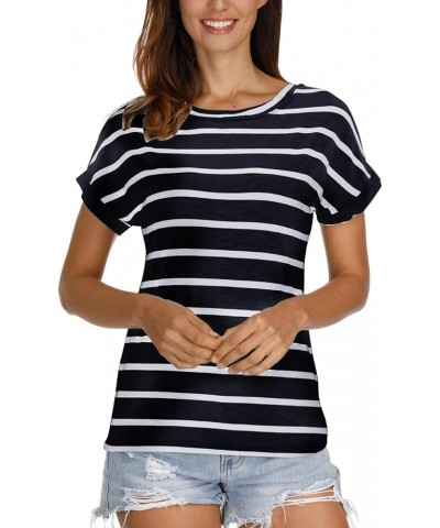 Women's Tops Striped/Solid Short Sleeve Blouse Scoop Neck/V Neck T-Shirt Casual Slim Fit A-navyblue White Stripe $12.42 T-Shirts