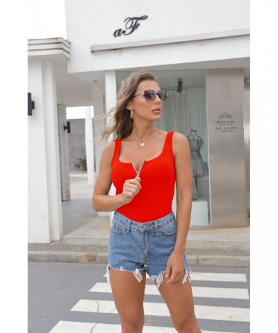 Womens Ribbed Tank Tops Low Cut Solid Front Zipper Sexy Deep Scoop Neck Summer Basic Tees Shirts Z-Red XL $9.43 Tanks