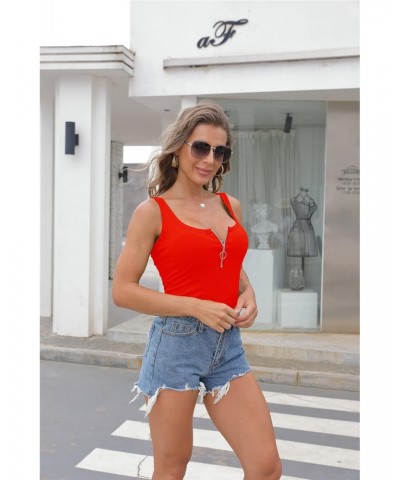 Womens Ribbed Tank Tops Low Cut Solid Front Zipper Sexy Deep Scoop Neck Summer Basic Tees Shirts Z-Red XL $9.43 Tanks