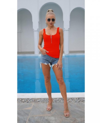 Womens Ribbed Tank Tops Low Cut Solid Front Zipper Sexy Deep Scoop Neck Summer Basic Tees Shirts Z-Red XL $9.43 Tanks