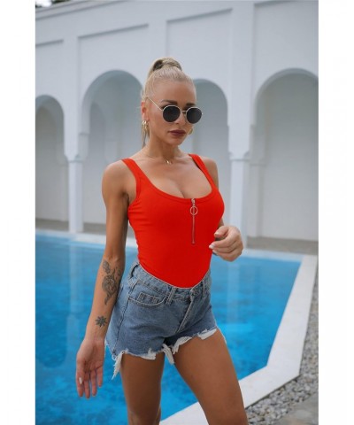 Womens Ribbed Tank Tops Low Cut Solid Front Zipper Sexy Deep Scoop Neck Summer Basic Tees Shirts Z-Red XL $9.43 Tanks