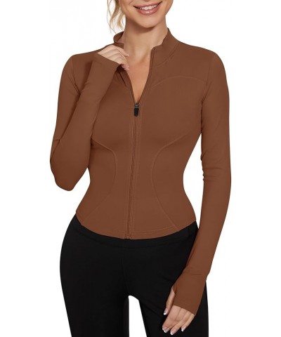 Women's Workout Jacket Lightweight Zip Up Yoga Jacket Cropped Athletic Slim Fit Tops Brown $15.38 Jackets