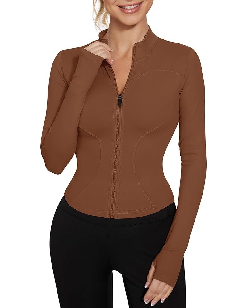 Women's Workout Jacket Lightweight Zip Up Yoga Jacket Cropped Athletic Slim Fit Tops Brown $15.38 Jackets