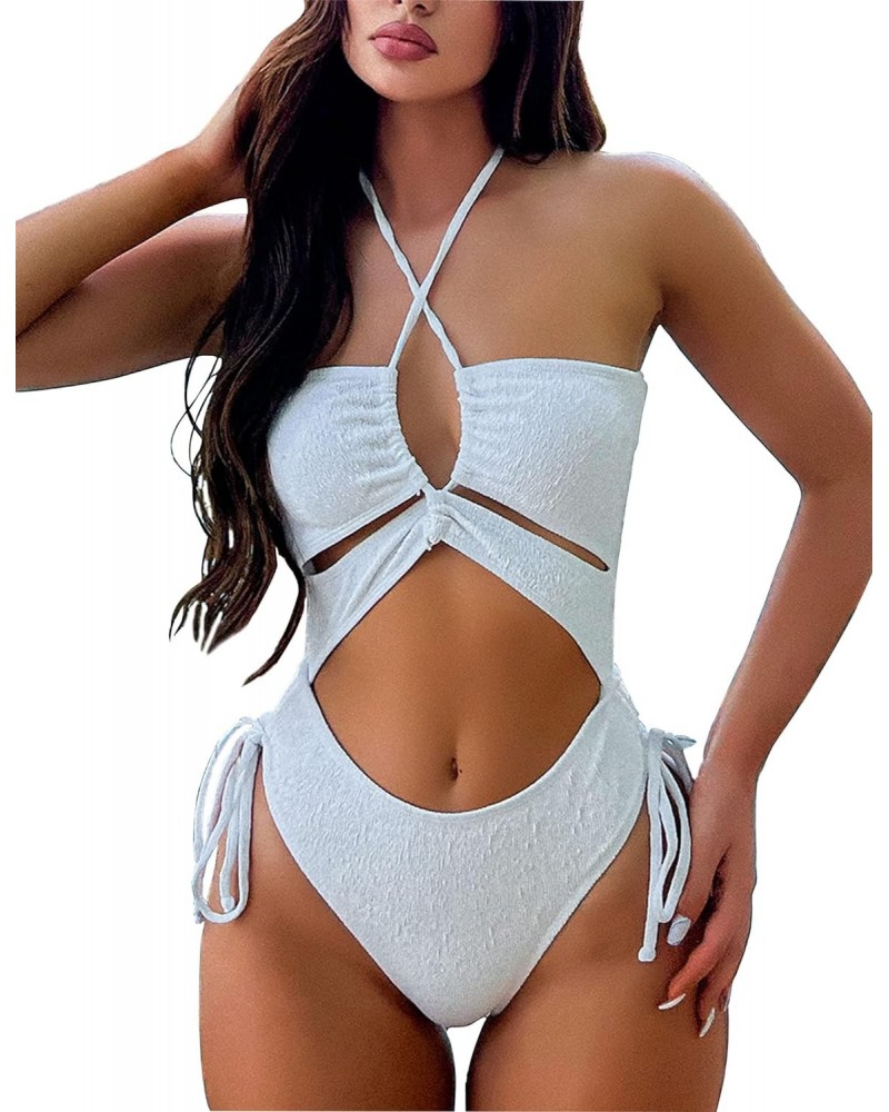 Women's One Piece Textured Monokini Lace-Up Padded Cinched Cutout Cheeky Solid Swimwear (White L) $23.36 Swimsuits