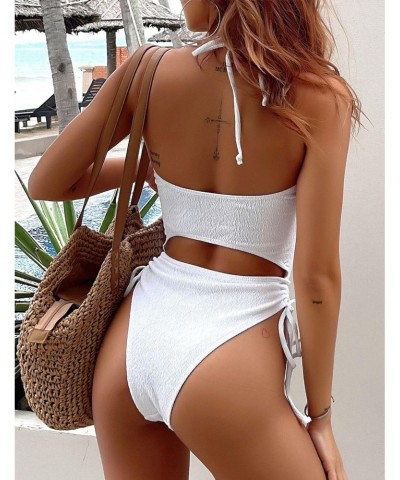 Women's One Piece Textured Monokini Lace-Up Padded Cinched Cutout Cheeky Solid Swimwear (White L) $23.36 Swimsuits