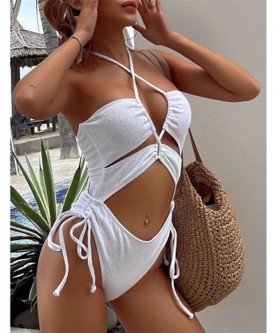 Women's One Piece Textured Monokini Lace-Up Padded Cinched Cutout Cheeky Solid Swimwear (White L) $23.36 Swimsuits