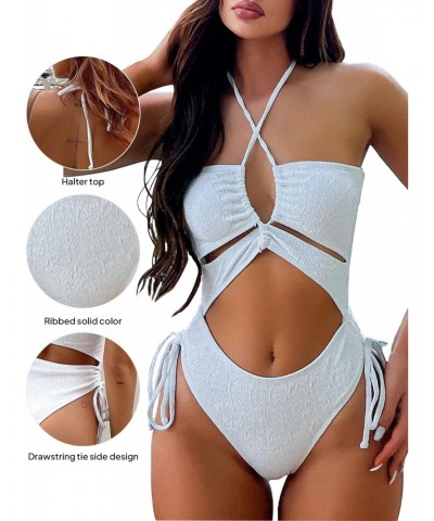 Women's One Piece Textured Monokini Lace-Up Padded Cinched Cutout Cheeky Solid Swimwear (White L) $23.36 Swimsuits