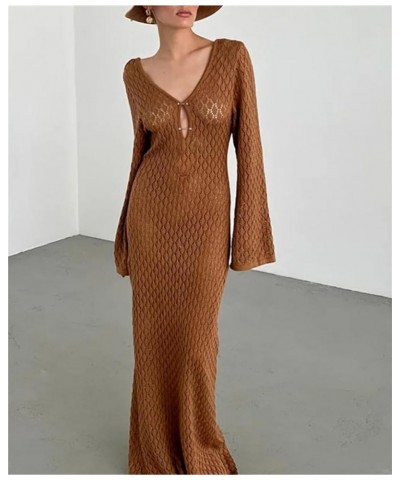 Women Sexy Knitted Maxi Dress Crochet See Through Bodycon Maxi Dress Swimsuit Cover up Dress Beach Swimwear Coffee U7v $15.95...