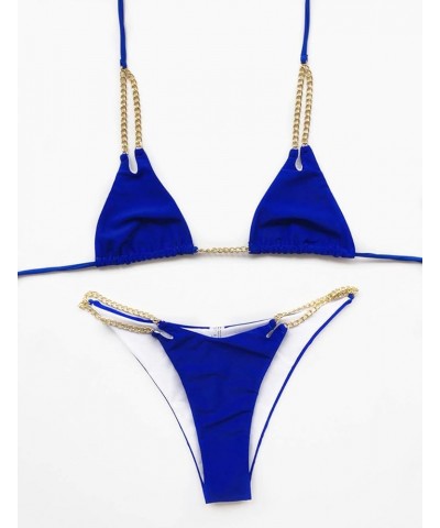 Women's Two Piece Swimsuit Sexy Swimwear Halter String Triangle Chain Bikini Sets Sexy Bathing Suit Sapphire Blue $8.50 Swims...