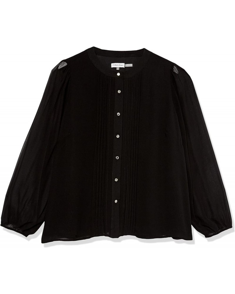 Women's Plus Size Dressy Front Buttons Long Sleeve Printed Blouse Black $35.68 Blouses