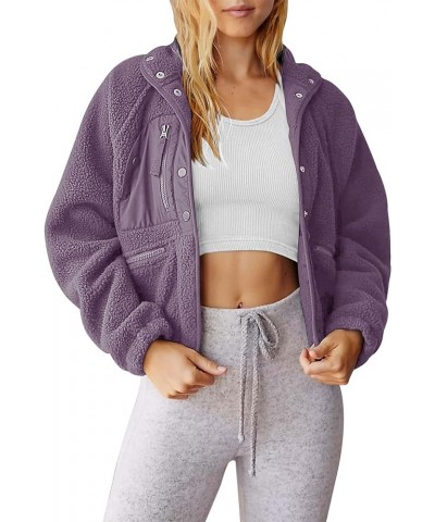 Lightweight Cropped Fuzzy Fleece Jacket for Women Winter Warm Sherpa Jackets Coat Outerwear with Pockets Purple $19.68 Jackets