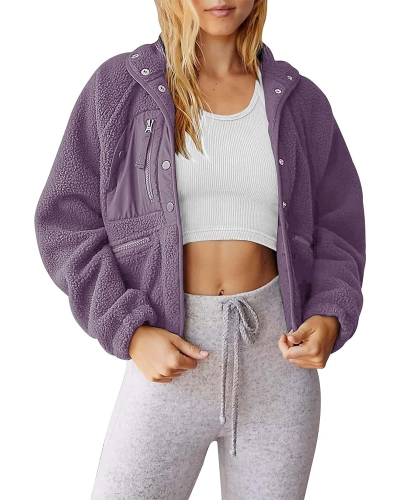 Lightweight Cropped Fuzzy Fleece Jacket for Women Winter Warm Sherpa Jackets Coat Outerwear with Pockets Purple $19.68 Jackets