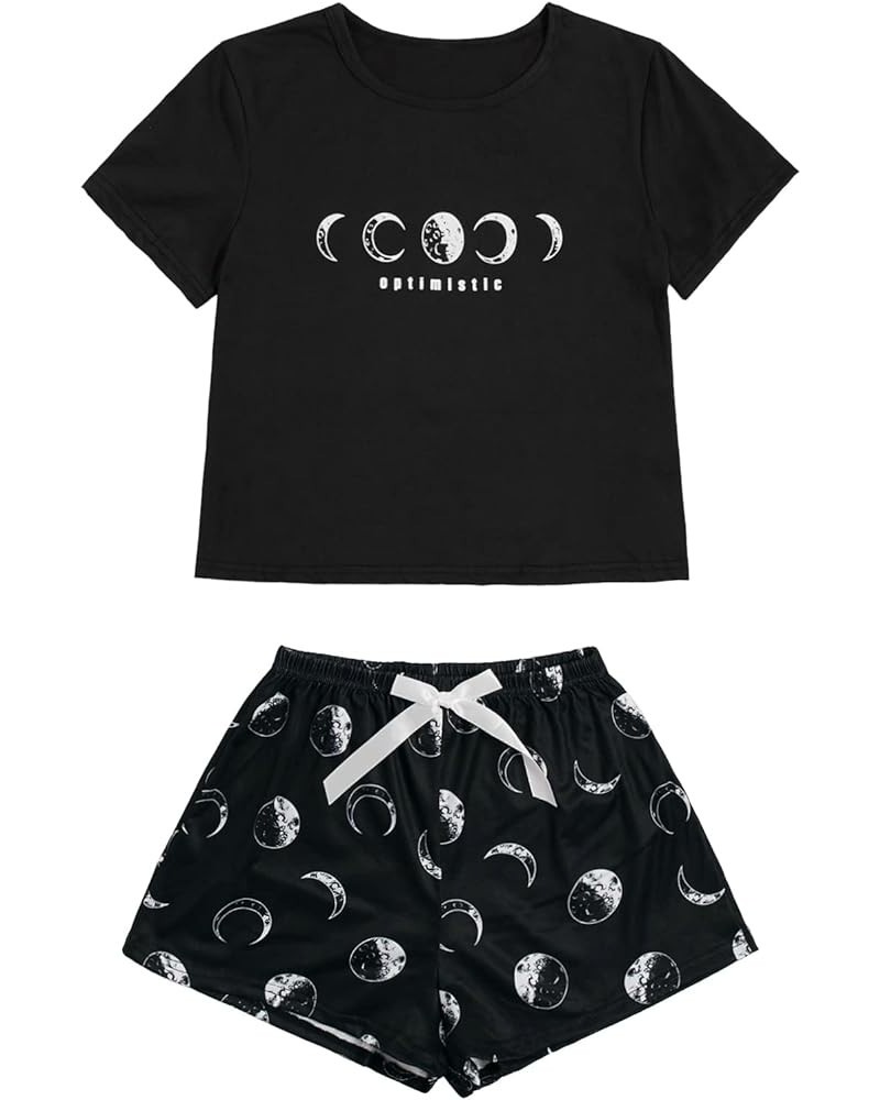 Women's Cute Graphic Print Short Sleeve Crop Top With Shorts Pajama Set Moon Black $12.60 Sleep & Lounge