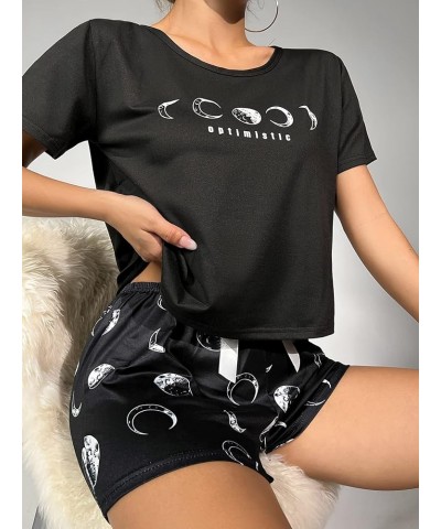 Women's Cute Graphic Print Short Sleeve Crop Top With Shorts Pajama Set Moon Black $12.60 Sleep & Lounge