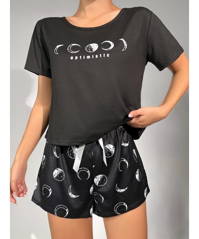 Women's Cute Graphic Print Short Sleeve Crop Top With Shorts Pajama Set Moon Black $12.60 Sleep & Lounge