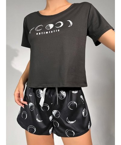 Women's Cute Graphic Print Short Sleeve Crop Top With Shorts Pajama Set Moon Black $12.60 Sleep & Lounge