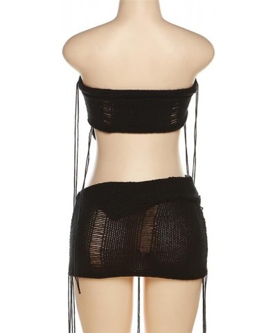 Women Summer Y2K 2 Piece Sleeveless Crop Top Knit Fringe Mini Skirt 2 Piece Cocktail Party Club Beach 2 Piece Set Black $16.3...