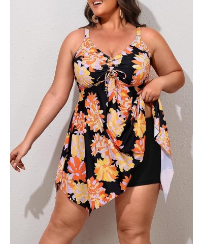 Plus Size Swimsuit for Women Tummy Control 2 Piece Tankini Bathing Suits for Women with Boyshorts Black Orange Floral $24.07 ...