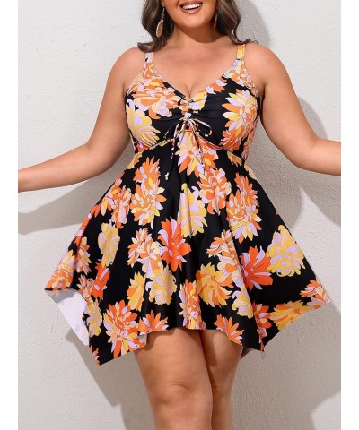 Plus Size Swimsuit for Women Tummy Control 2 Piece Tankini Bathing Suits for Women with Boyshorts Black Orange Floral $24.07 ...