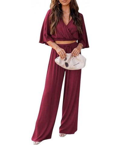 2 Piece Outfits For Women 2024 Summer Short Sleeve Wrap V Neck Crop Tops Wide Leg Pants Set Wine Red $23.45 Activewear