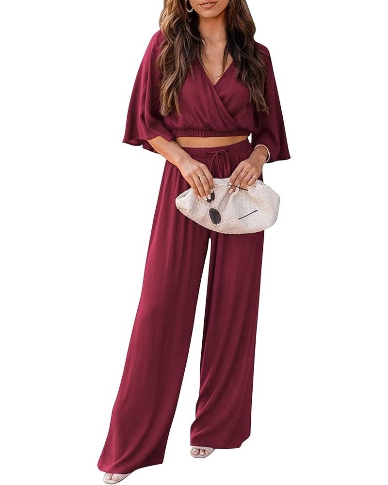 2 Piece Outfits For Women 2024 Summer Short Sleeve Wrap V Neck Crop Tops Wide Leg Pants Set Wine Red $23.45 Activewear