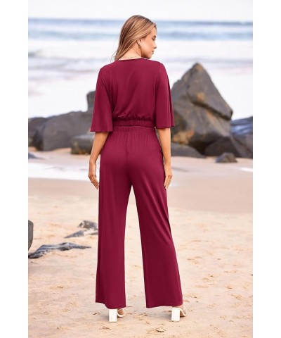 2 Piece Outfits For Women 2024 Summer Short Sleeve Wrap V Neck Crop Tops Wide Leg Pants Set Wine Red $23.45 Activewear